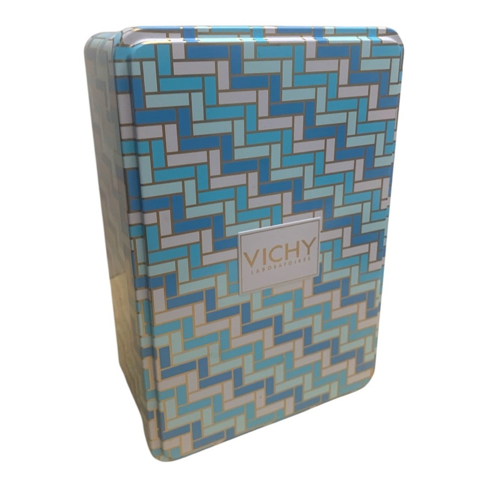 VICHY Bath & Body Blue White Gingham Empty Collectible Metal Storage Tin